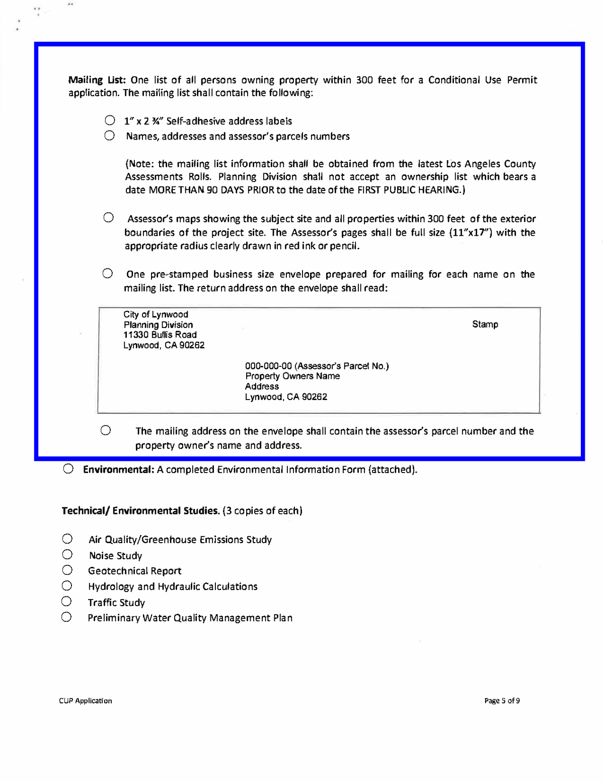 Lynwood self-adhesive mailing labels for property owners within 300-foot radius