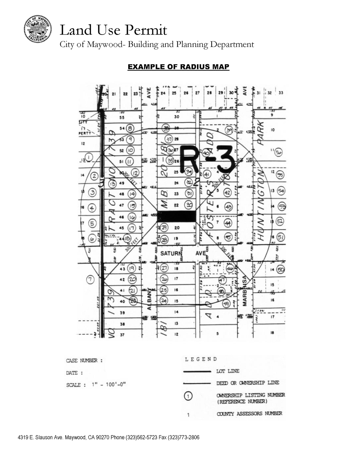 Sample 300 foot radius map showing ownership lines, reference numbers, lot boundaries and county assessor parcel identification for Maywood projects