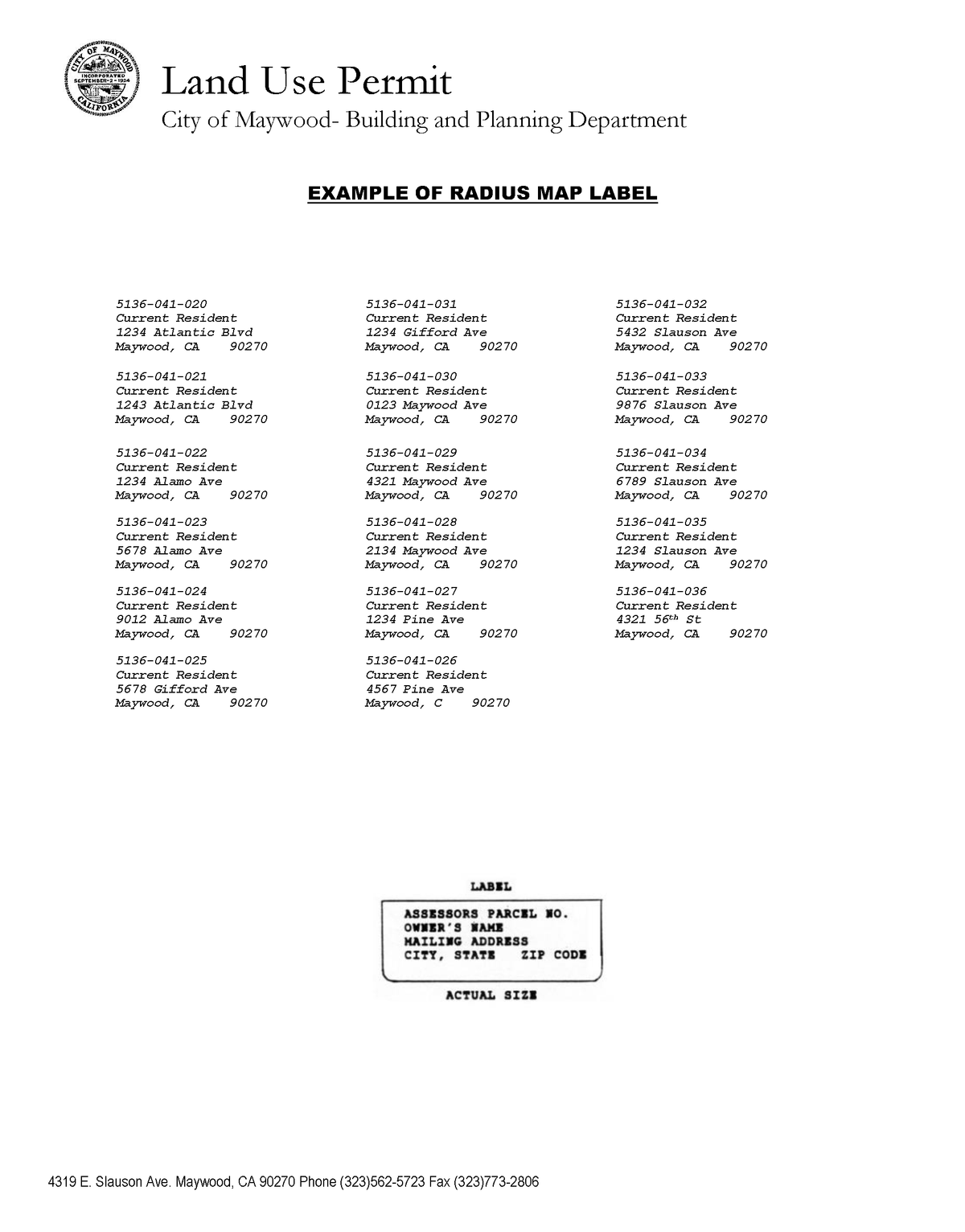 Sample gummed mailing label format showing property owner names and addresses within 300 foot radius for Maywood public notice requirements