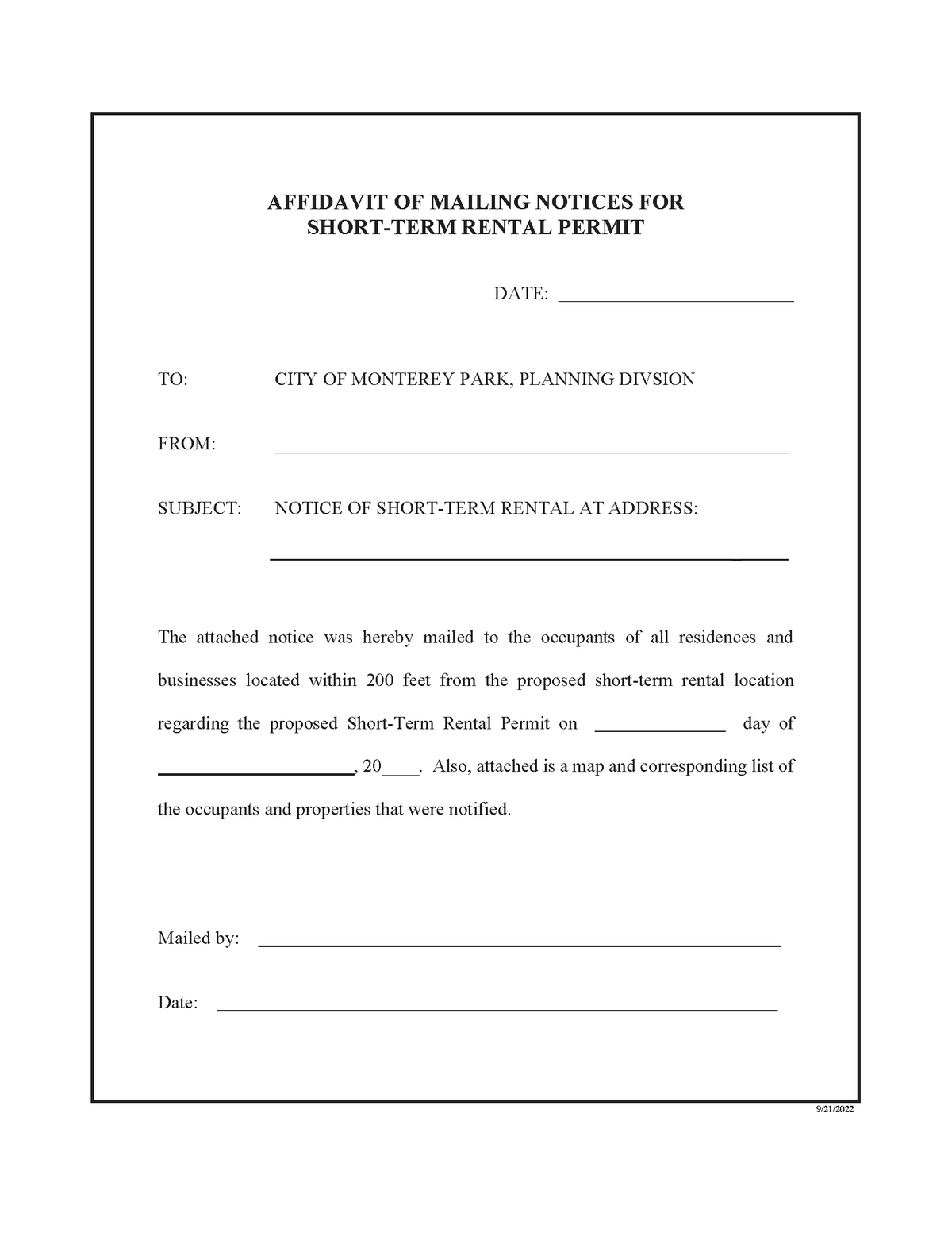Affidavit certifying mailing of notices to all residences and businesses within 200 feet of proposed Short-Term Rental location with corresponding notified parties list