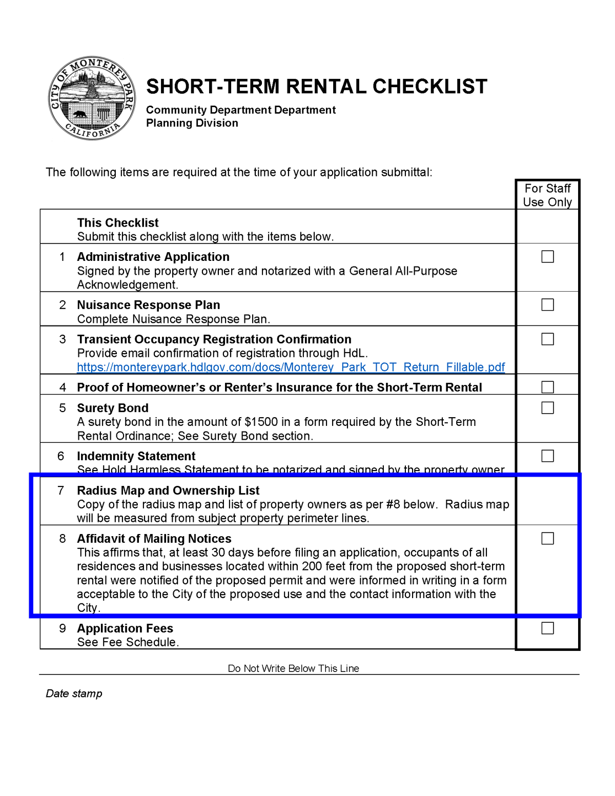 Complete checklist for Short-Term Rental permit application including 200 foot radius map, ownership list, mailing affidavit and 30-day advance notification requirements