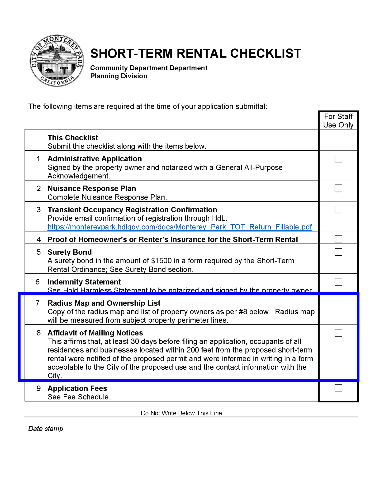 Complete checklist for Short-Term Rental permit application including 200 foot radius map, ownership list, mailing affidavit and 30-day advance notification requirements