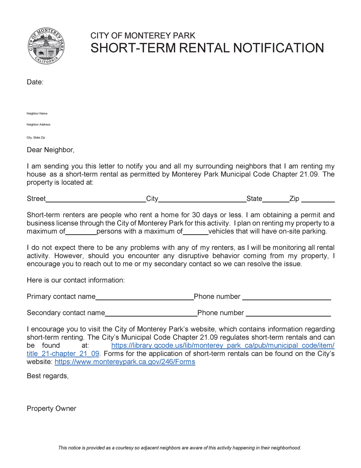 Official notification letter template informing neighbors of proposed Short-Term Rental permit with primary/secondary contact information and Municipal Code Chapter 21.09 reference
