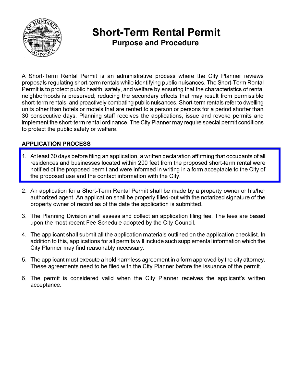 Administrative process and procedure for obtaining Short-Term Rental permit including 30-day advance notification, hold harmless agreement and City Planner review requirements
