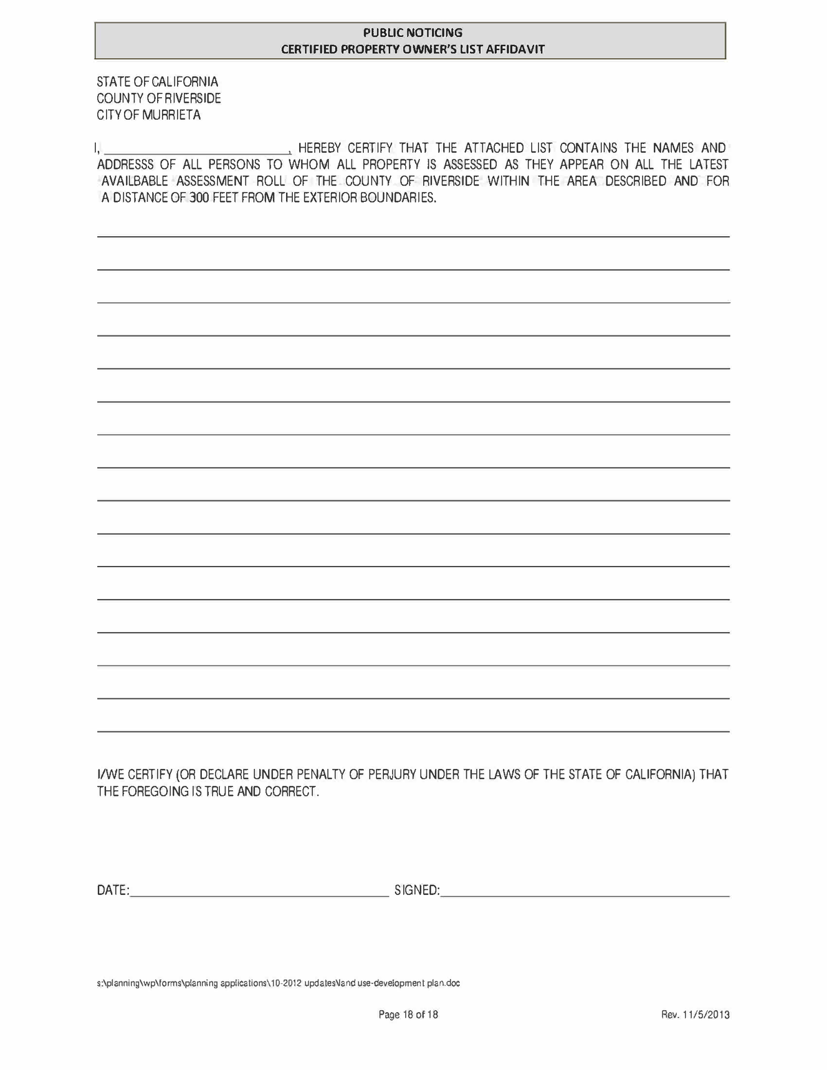 Murrieta Public Noticing Certified Property Owner's List Affidavit. 300 Feet from the exterior boundaries.