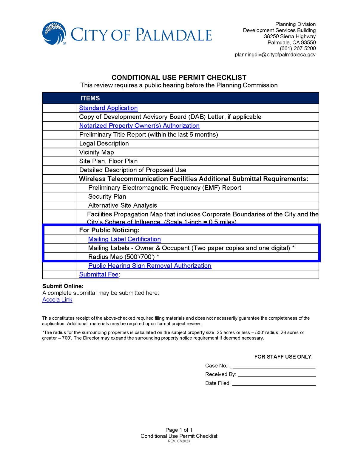 Complete checklist for Conditional Use Permit application including 500/700 foot radius map, owner/occupant mailing labels and public notice requirements