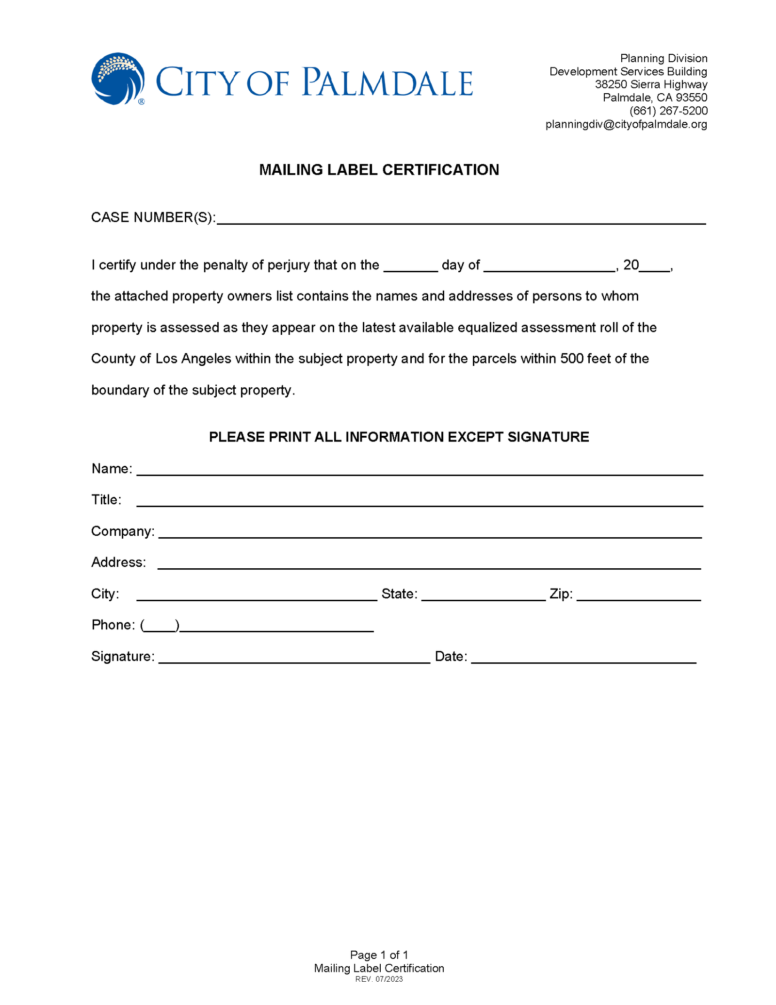 Certification form verifying property owners list accuracy from LA County Equalized Assessment Roll for 500/700 foot radius notification under penalty of perjury