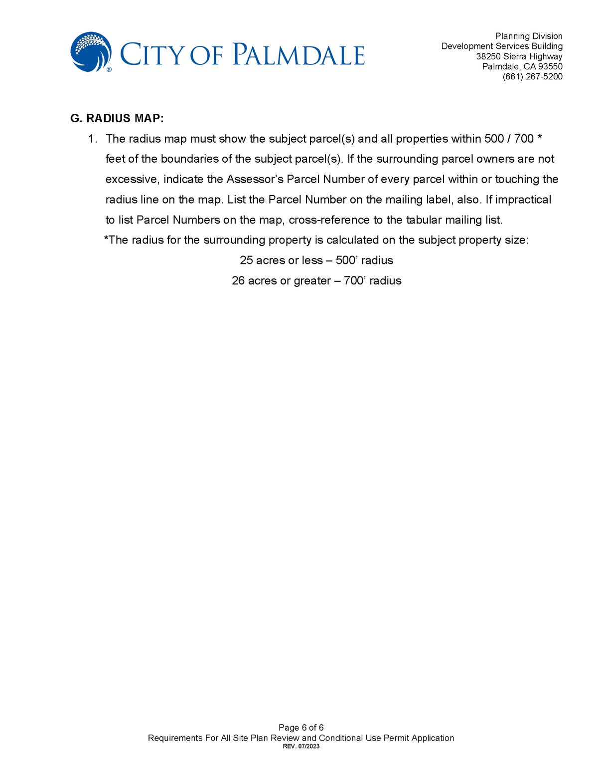 Detailed requirements for preparing 500/700 foot radius map showing Assessor's Parcel Numbers for all surrounding properties within notification boundaries
