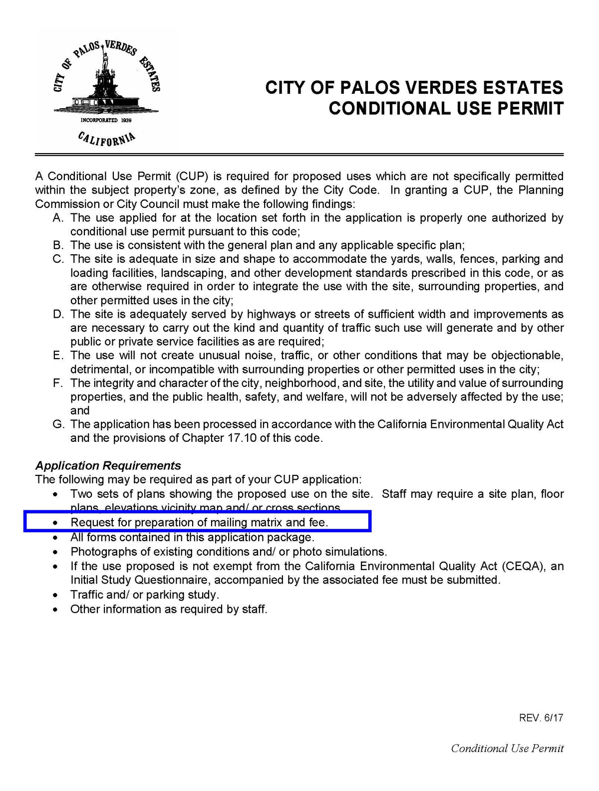 Conditional Use Permit application requirements showing mailing matrix and fee requirement for Palos Verdes Estates