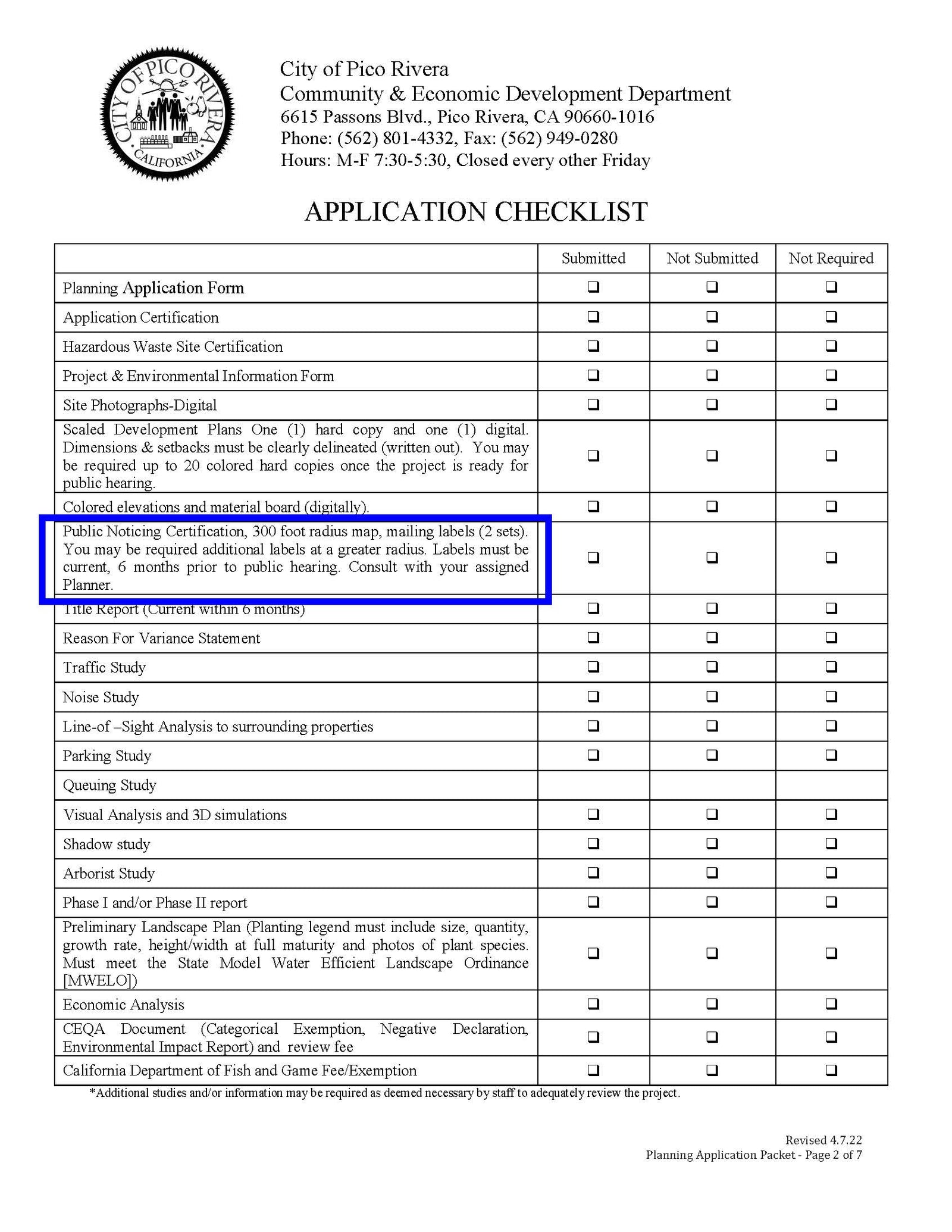 Pico Rivera planning application checklist requiring public noticing certification and mailing labels