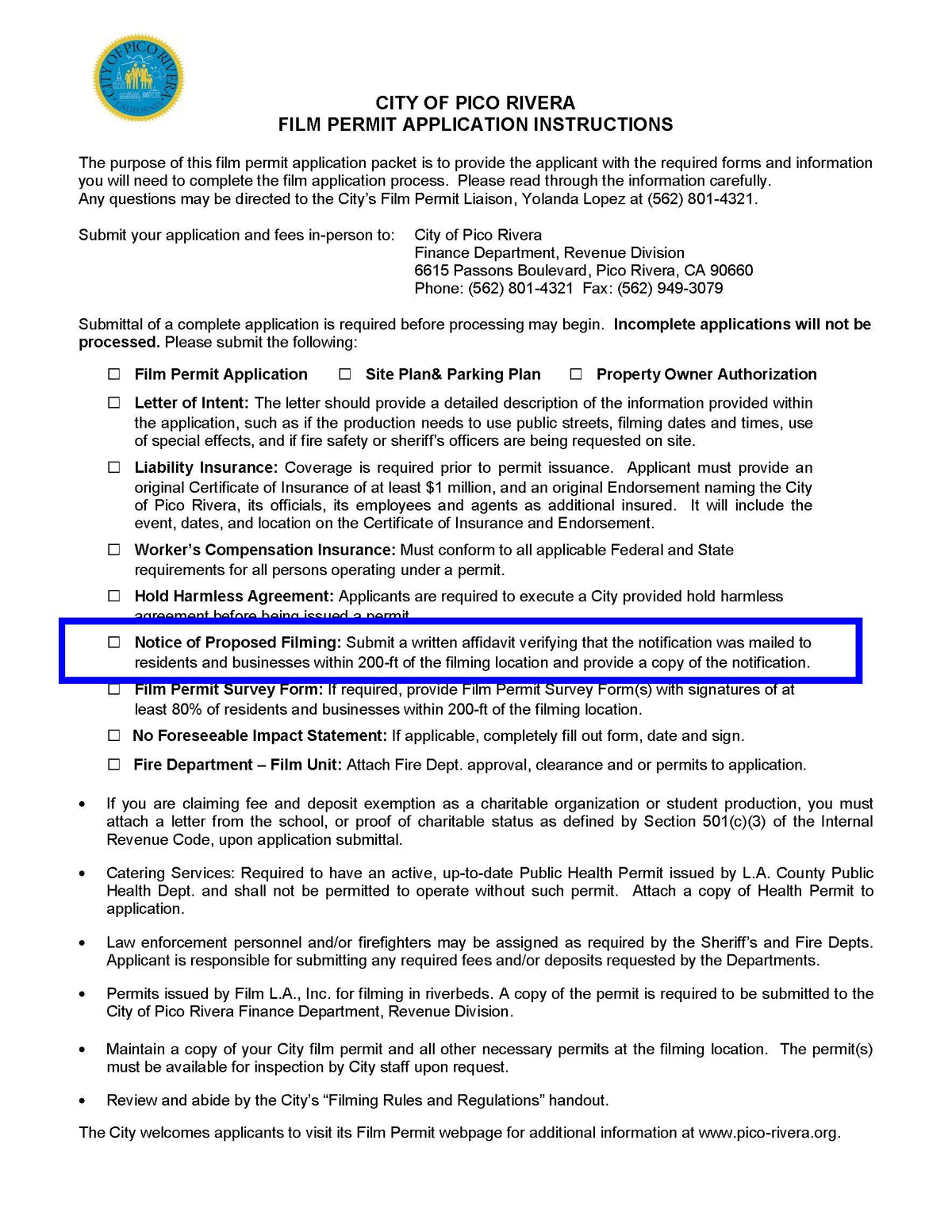Pico Rivera film permit application instructions checklist including notice of proposed filming