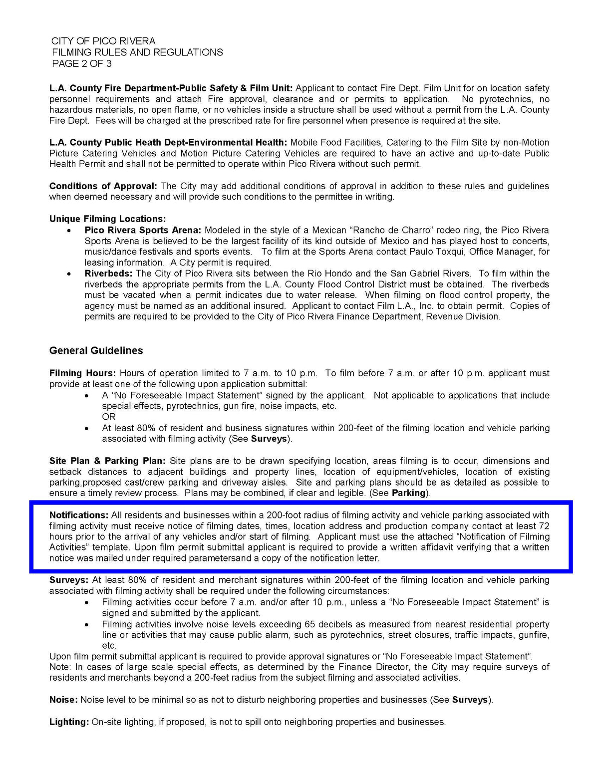Pico Rivera filming rules and regulations requiring affidavit and resident notification within 200 feet