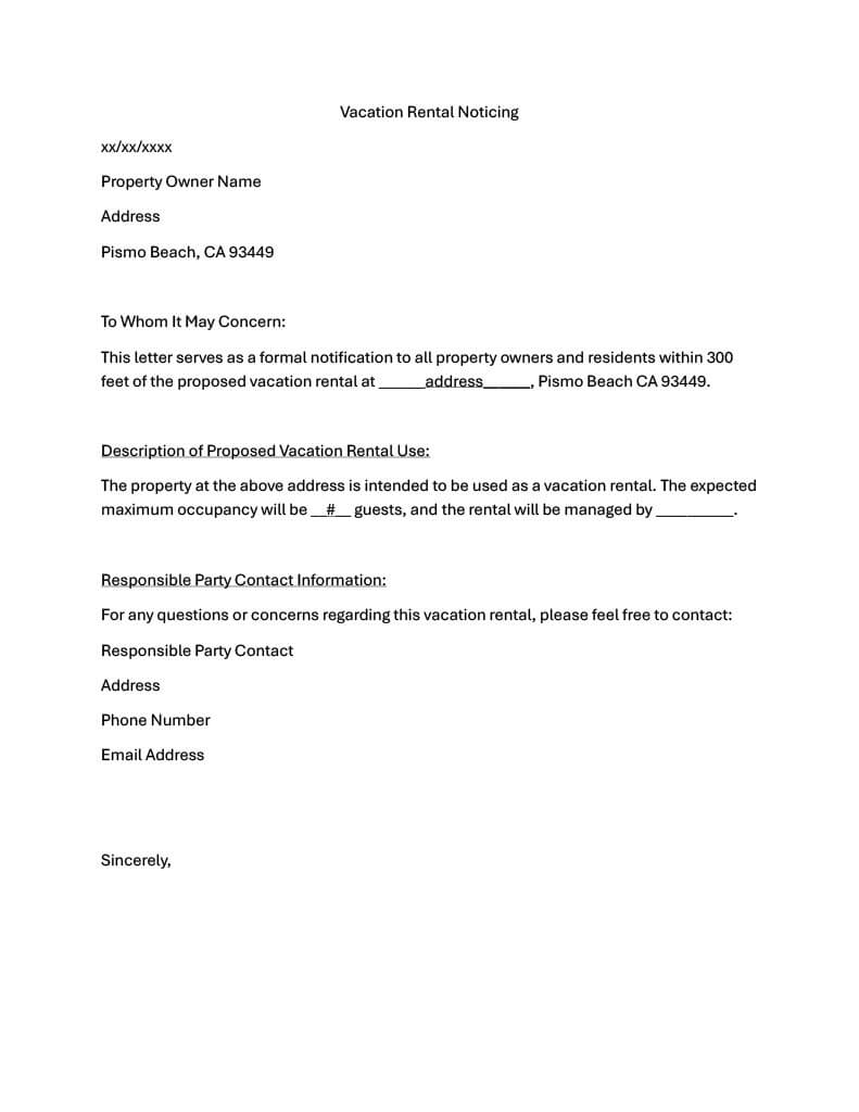 Pismo Beach Vacation Rental Noticing Example 300ft Vacation Rental 500ft Short Term Rental STR