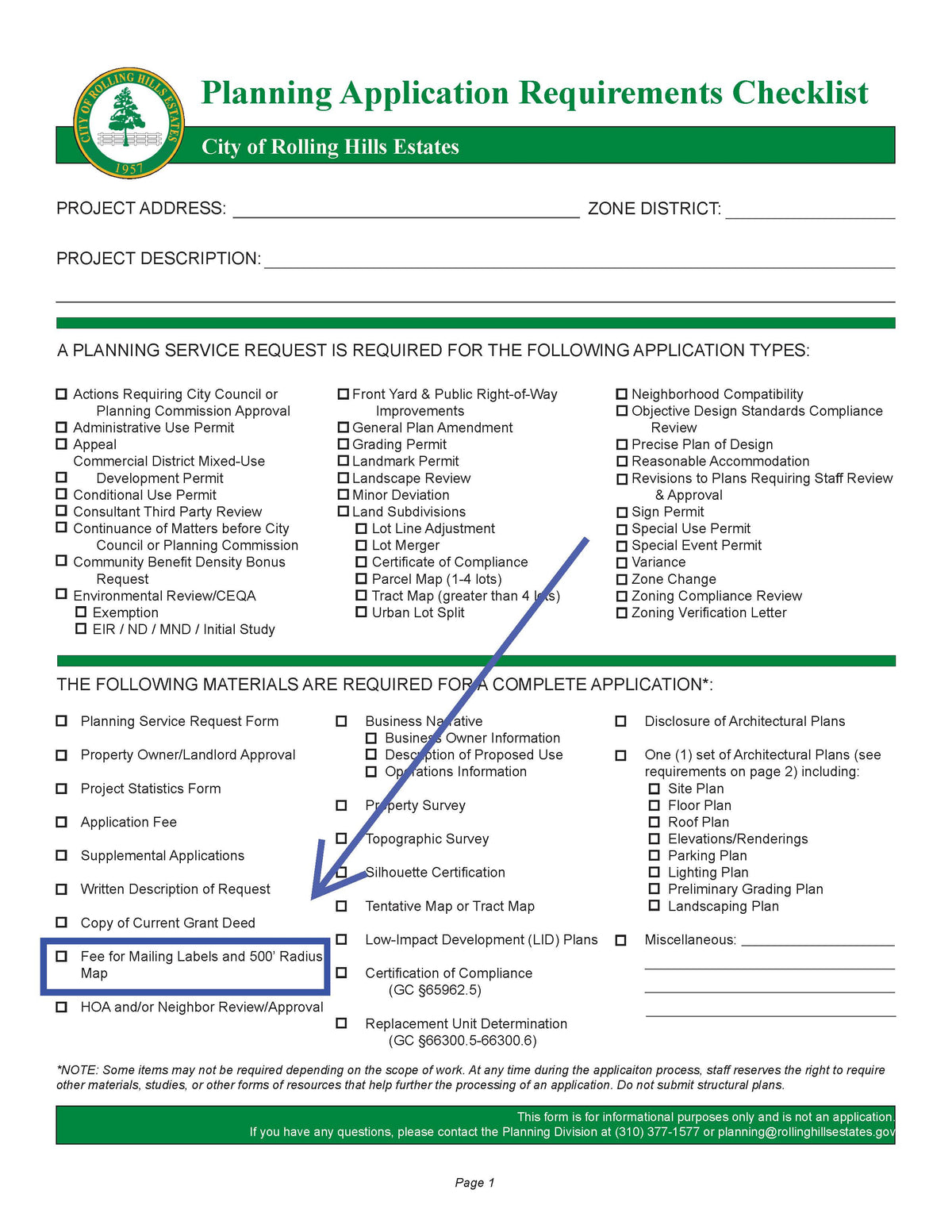 City of Rolling Hills Estates planning application requirements checklist highlighting the need for mailing labels and a 500-foot radius map among other required documents.