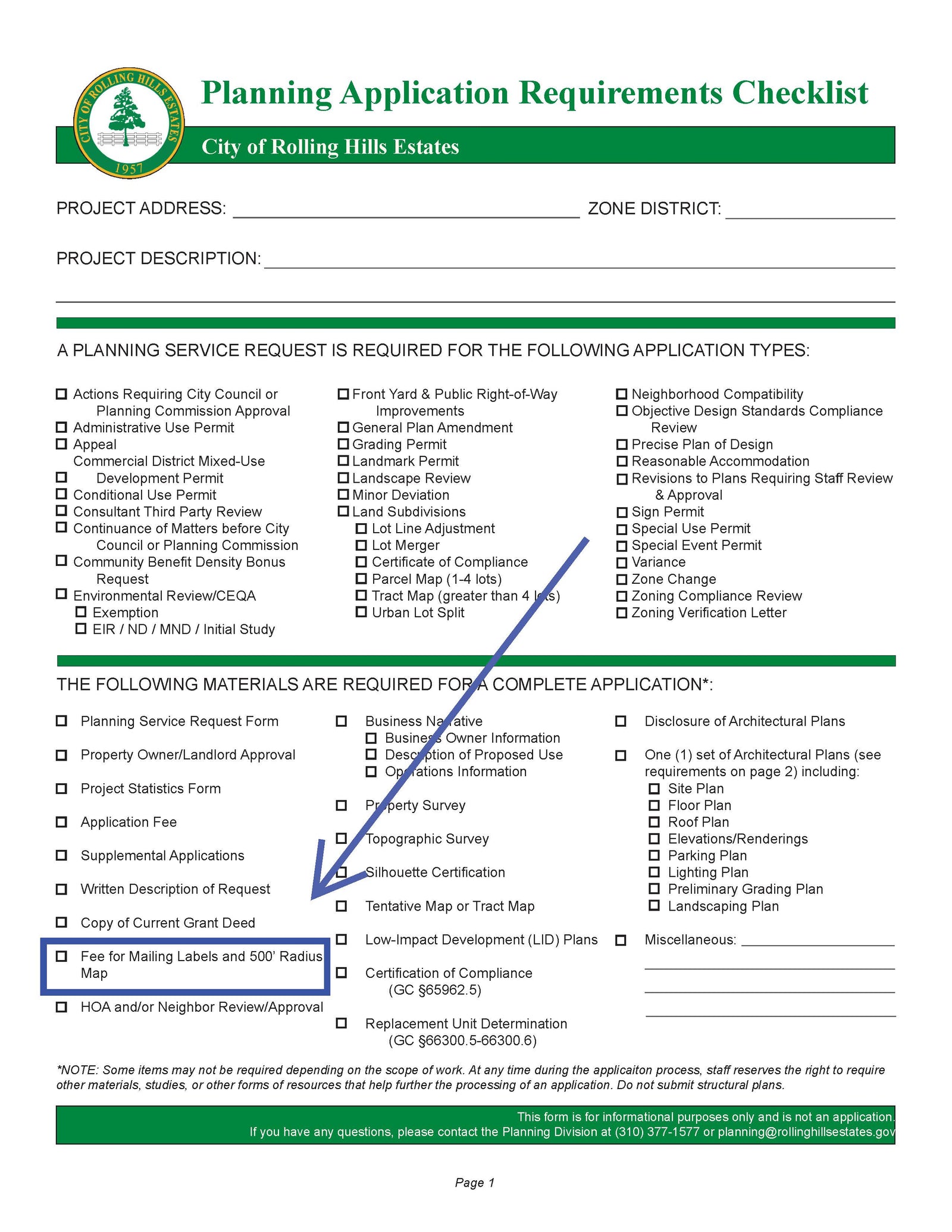 City of Rolling Hills Estates planning application requirements checklist highlighting the need for mailing labels and a 500-foot radius map among other required documents.