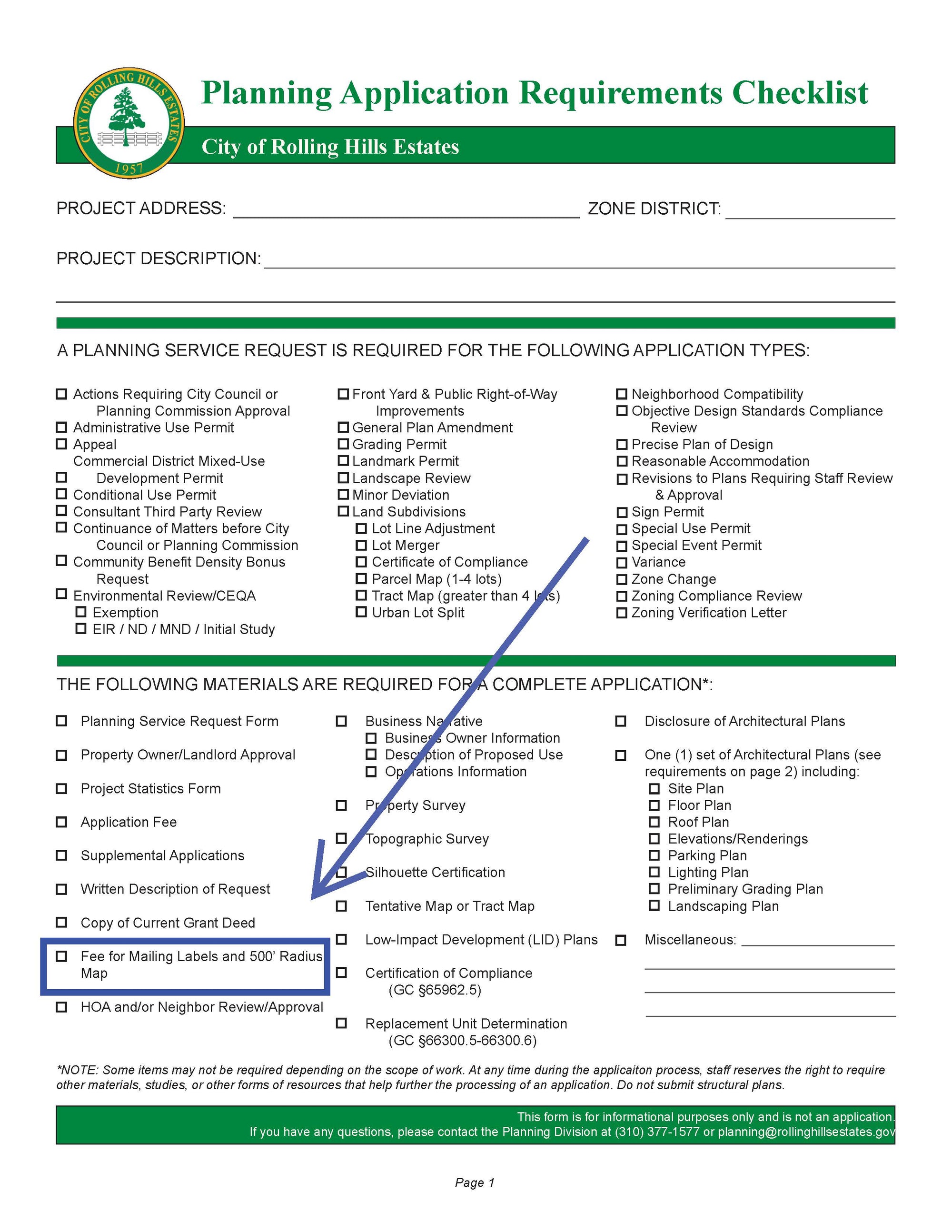 City of Rolling Hills Estates planning application requirements checklist highlighting the need for mailing labels and a 500-foot radius map among other required documents.