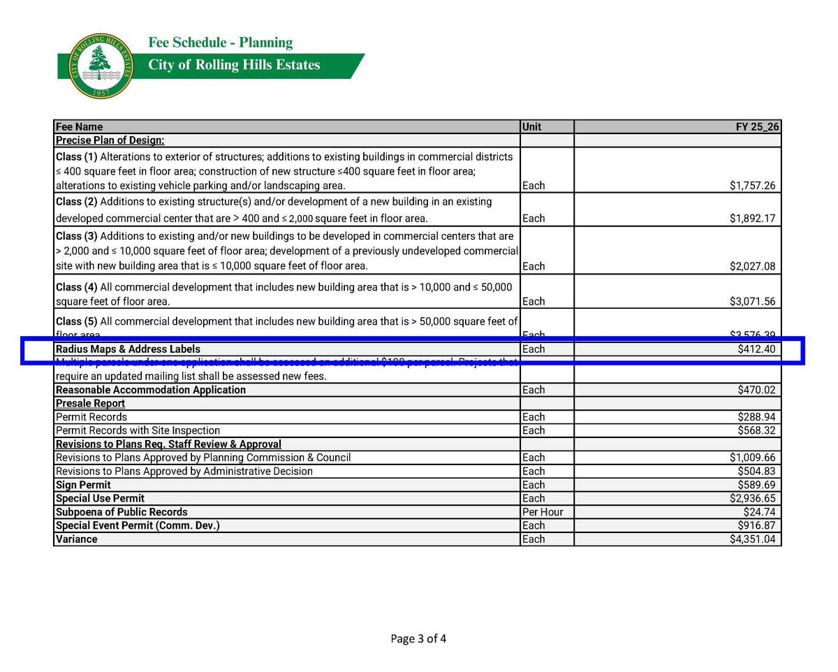City of Rolling Hills Estates planning division fee schedule showing costs for radius maps, address labels, permits, and special event applications.