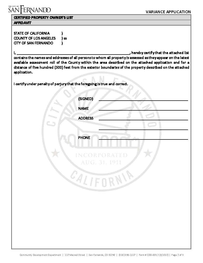 Certified Property Owners List Affidavit form used for San Fernando variance application, includes signature and contact fields.