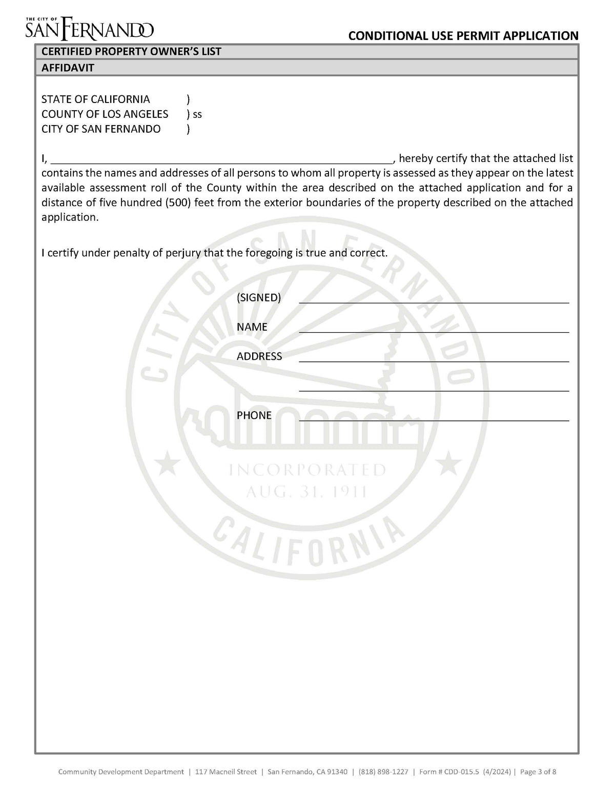 Affidavit form certifying the accuracy of property owners list for San Fernando Conditional Use Permit Application.