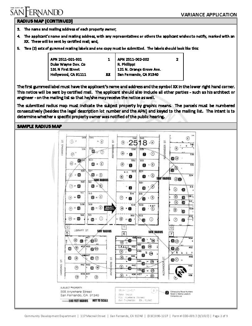 Radius map example showing numbered parcels and sample property owners list for San Fernando permit application.