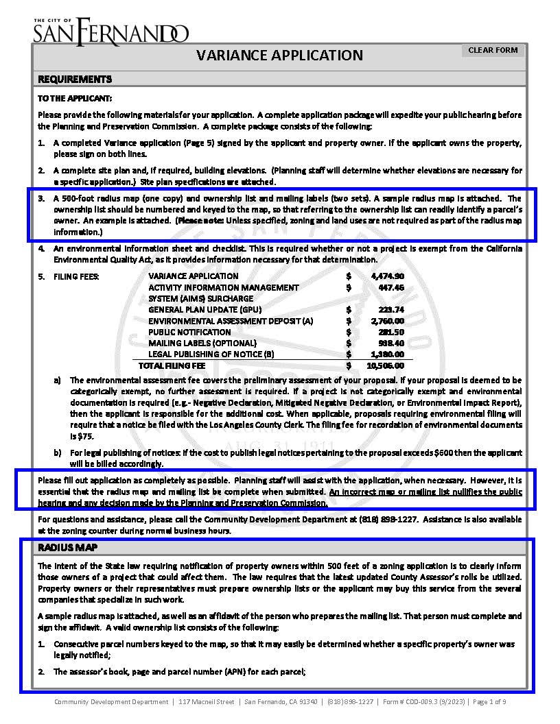 Page showing City of San Fernando Variance Application requirements for 500-foot radius map, ownership list, and mailing labels.
