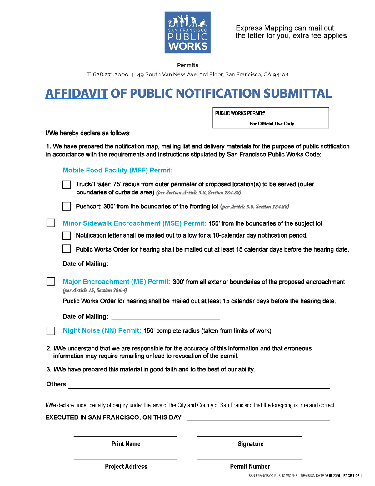 San Francisco Affidavit of Public Notification Submittal. Minor Sidewalk Encroachment Permit 150-foot radius