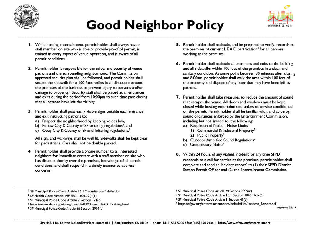 San Francisco Good Neighbor Policy GNP Entertainment Permit