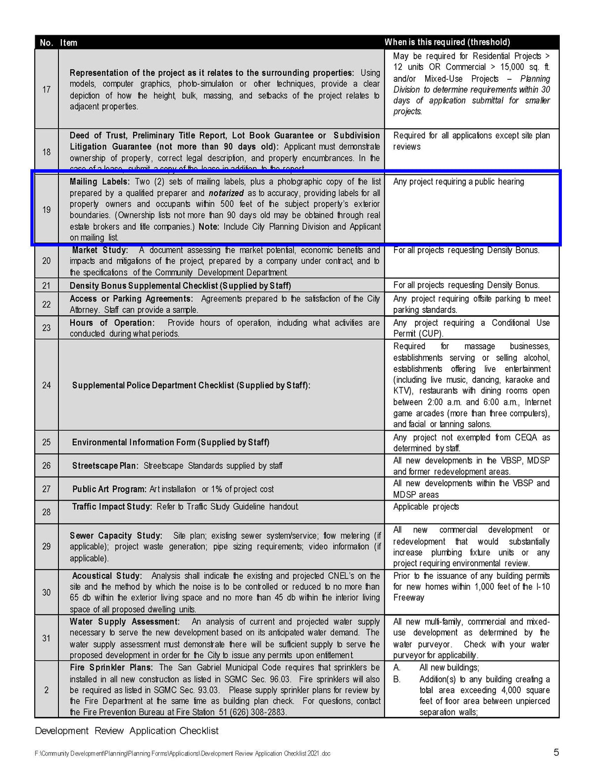 Development Review Application Checklist highlighting 500-foot radius mailing label and affidavit requirements for public hearing projects in San Gabriel.