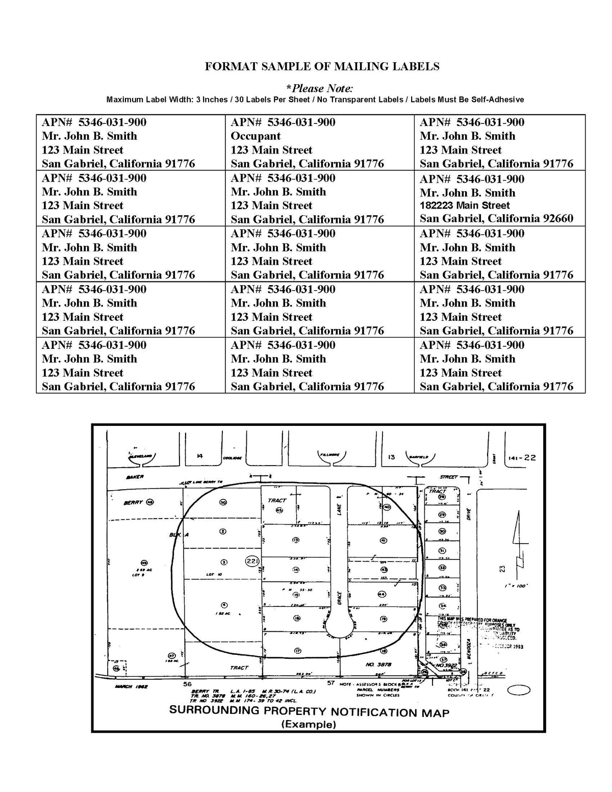 Example of formatted mailing labels and radius map showing numbered parcels and surrounding property notification for San Gabriel projects.