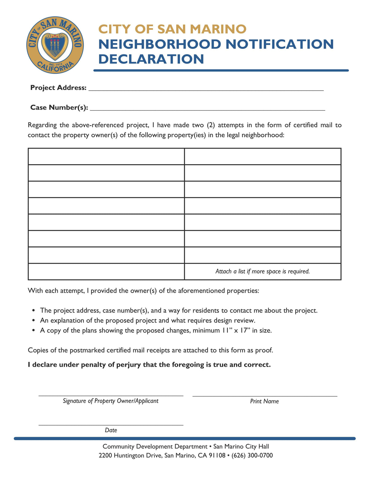 Official declaration form for certified mailing attempts including property list, project address, and owner signature lines.