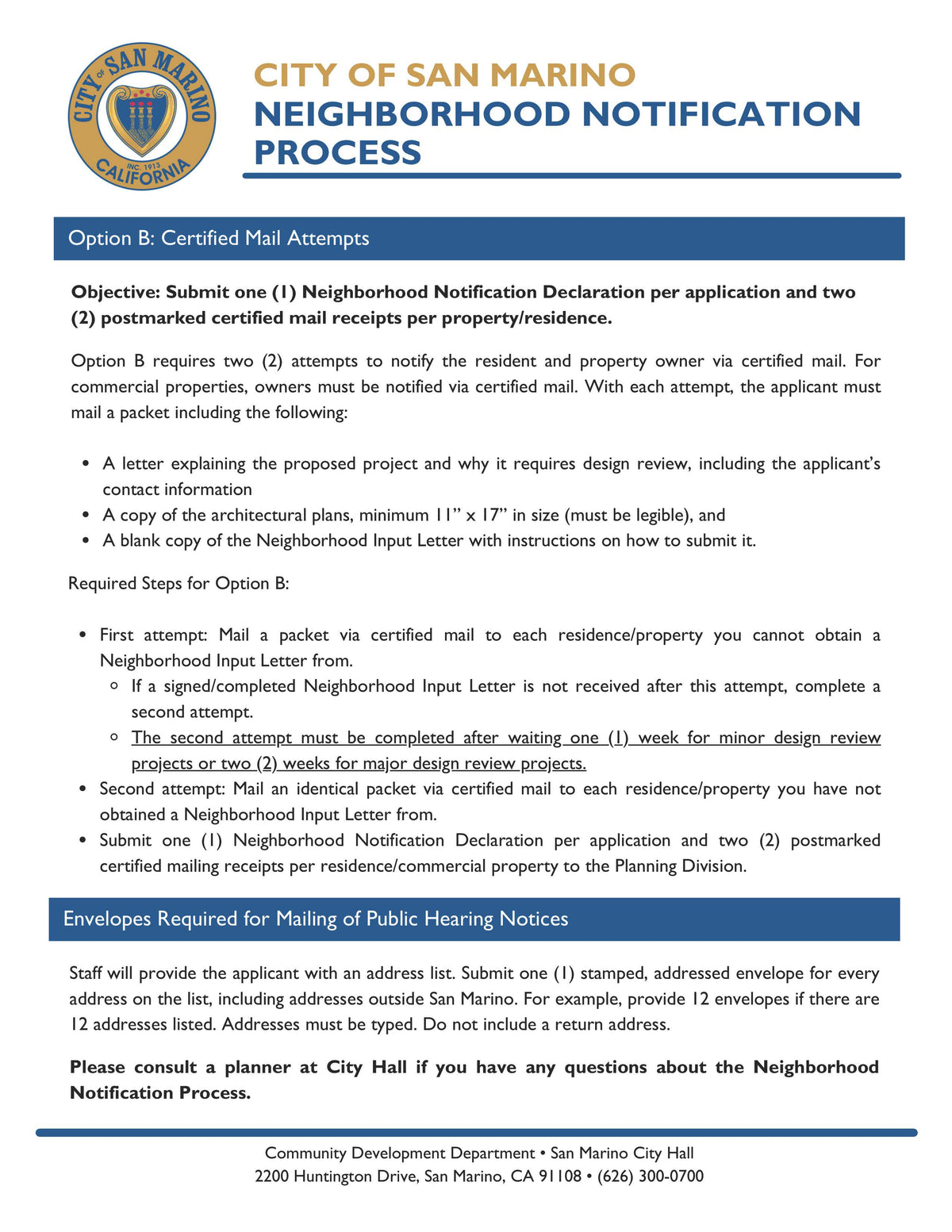 Instructions outlining two certified mail attempts, required contents, and submission of mail receipts for each property.