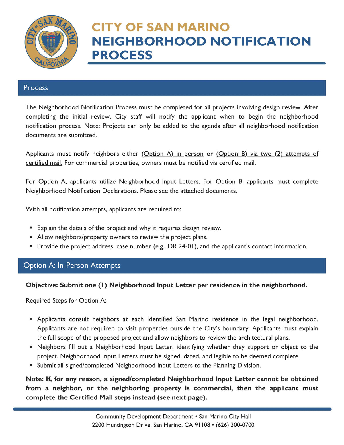 Page explaining Option A (In-Person Attempts) and Option B (Certified Mail Attempts) for notifying neighbors in San Marino.