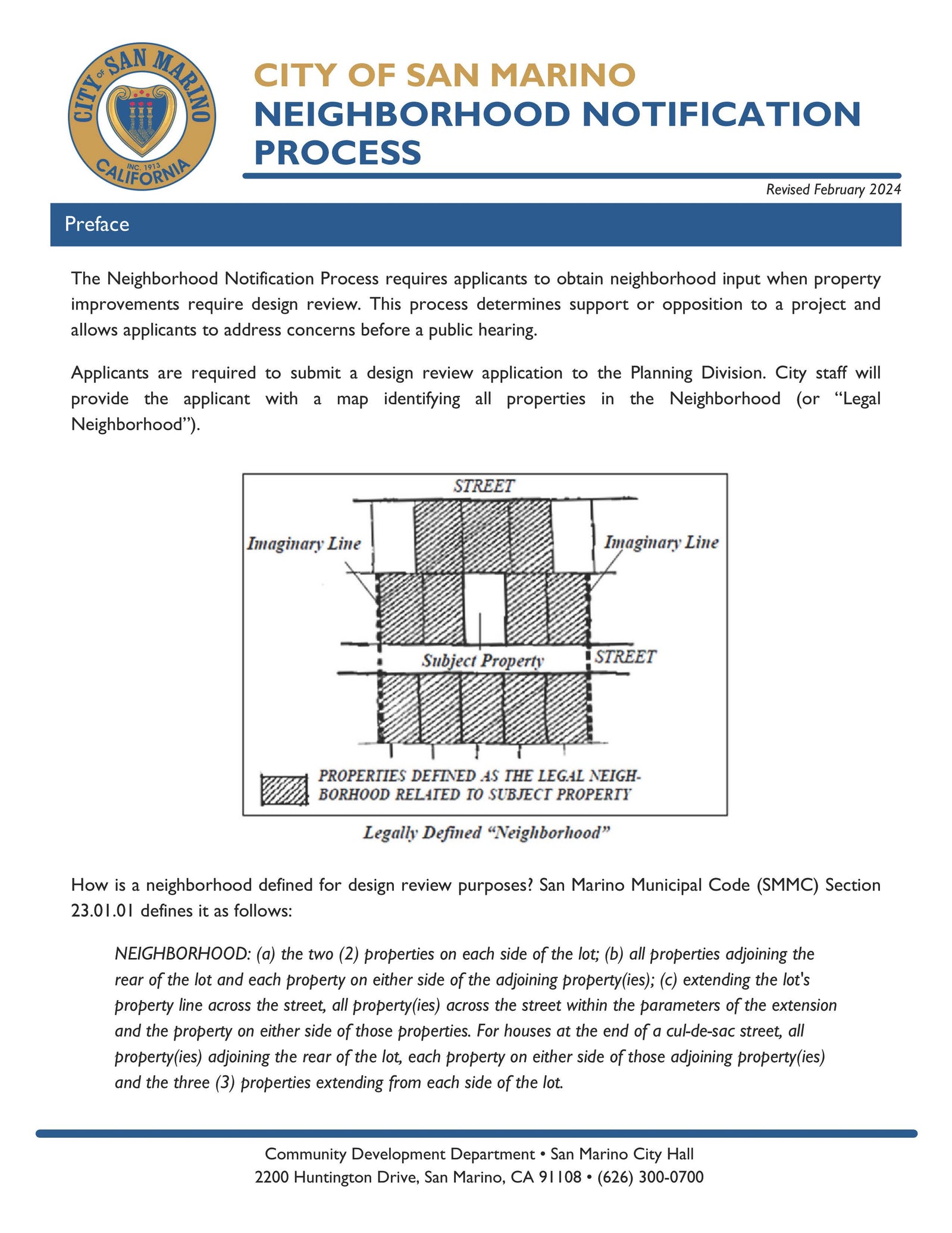 Preface page describing the City of San Marino Neighborhood Notification Process and legal neighborhood boundaries for design review.