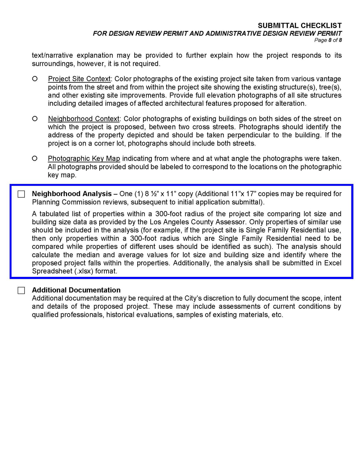 Submittal checklist detailing 300-foot neighborhood analysis requirements and additional documentation instructions for Sierra Madre design review applications.