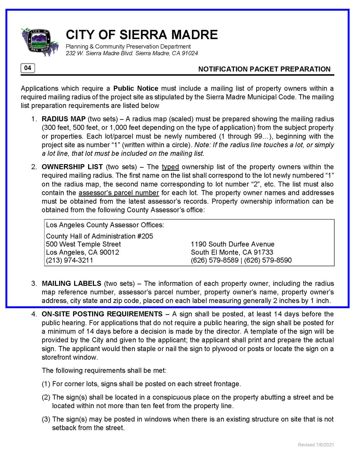 Notification packet preparation guide showing radius map, ownership list, and mailing label requirements for City of Sierra Madre applications.