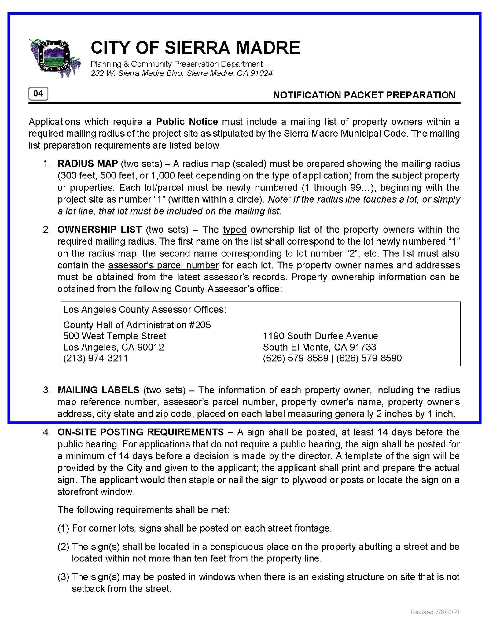 Notification packet preparation guide showing radius map, ownership list, and mailing label requirements for City of Sierra Madre applications.