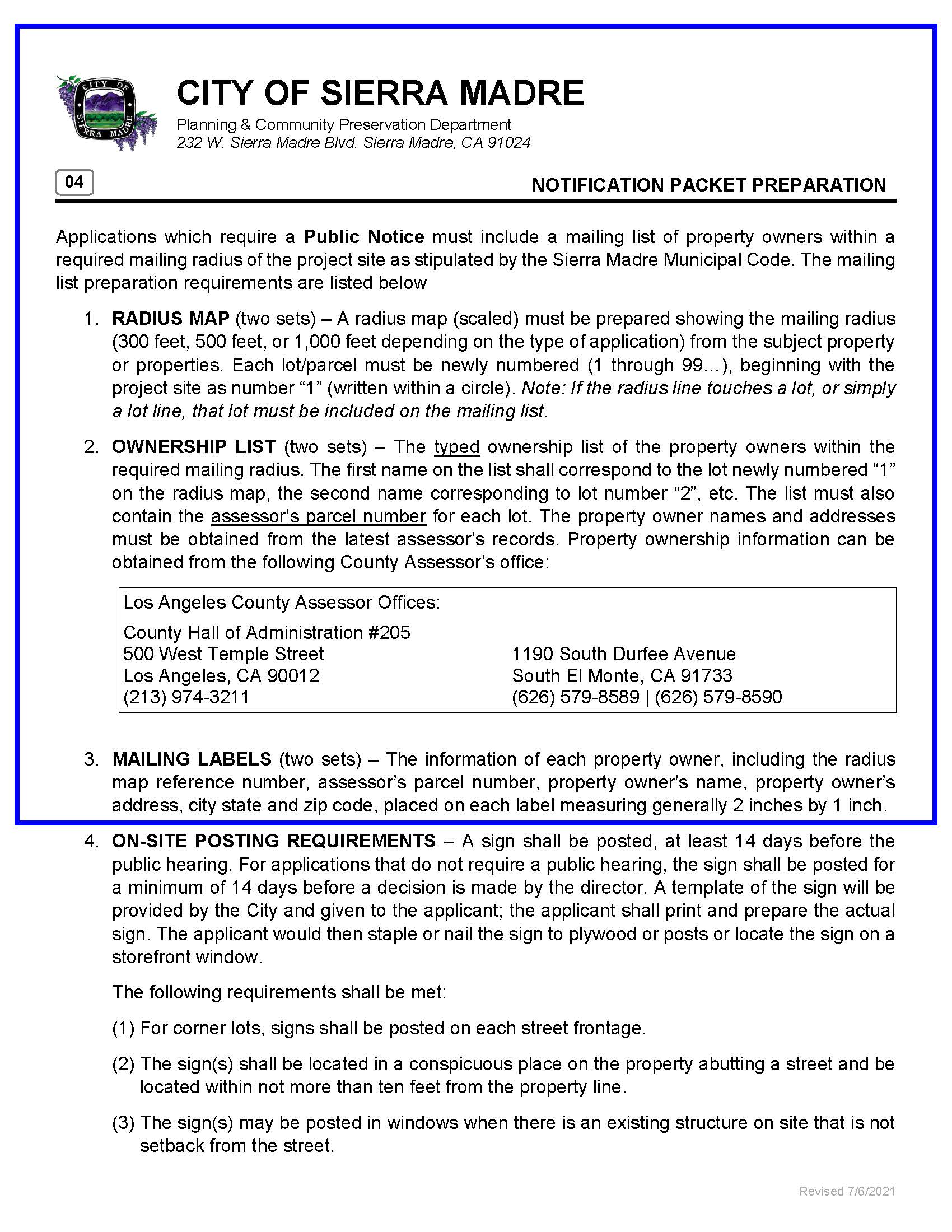 Notification packet preparation guide showing radius map, ownership list, and mailing label requirements for City of Sierra Madre applications.
