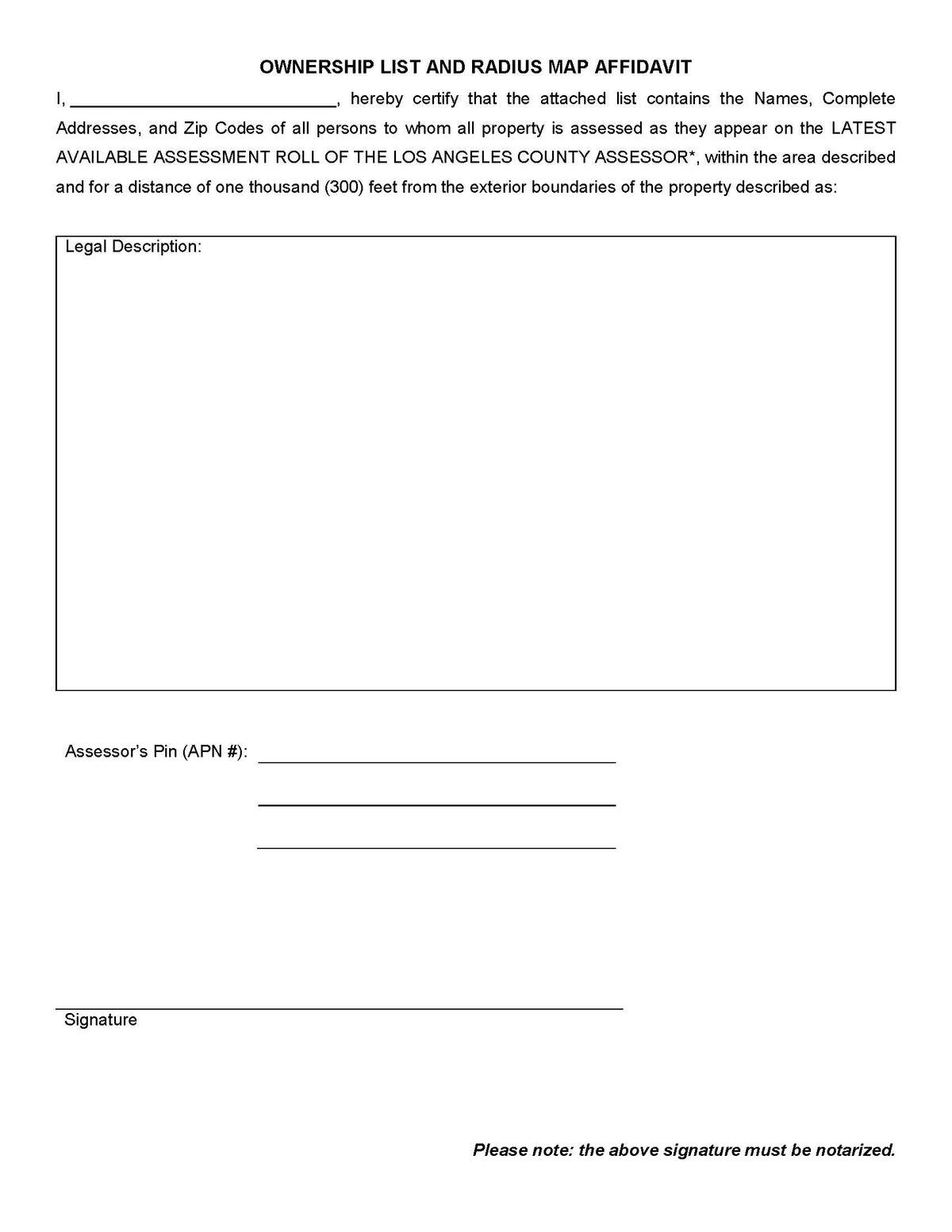 Affidavit form certifying accuracy of ownership list and radius map for 300-foot notification radius in Sierra Madre.