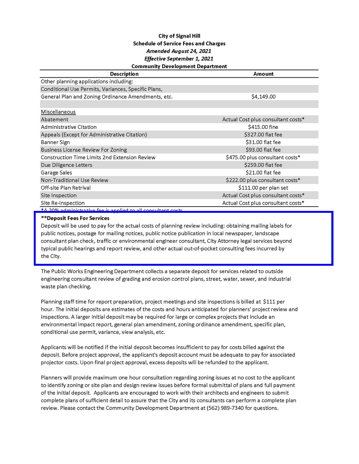 Schedule of service fees and deposit requirements for planning review, mailing labels, and public notice processing in Signal Hill.