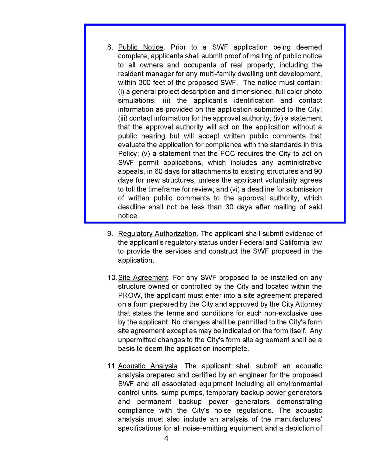 Page showing detailed public notice procedures and compliance steps per City of Signal Hill SWF Policy Exhibit A.
