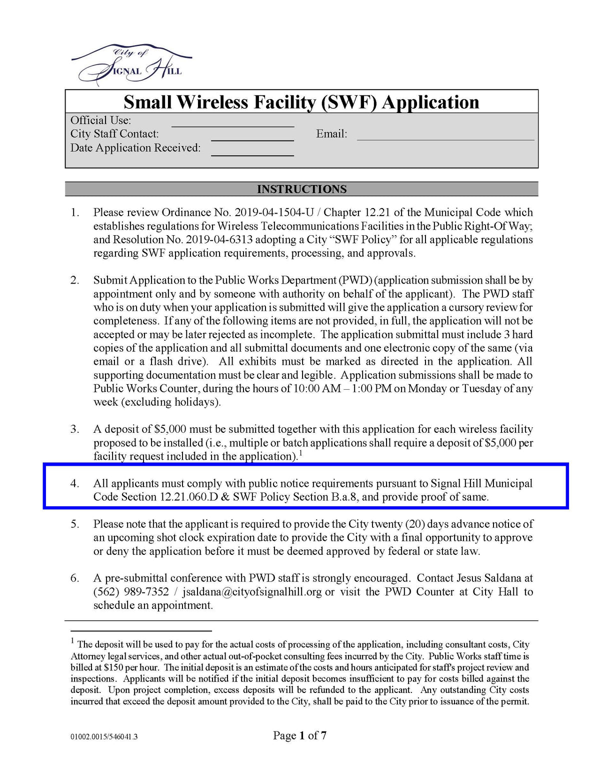 Official City of Signal Hill SWF application form outlining submission requirements and public notice compliance procedures.