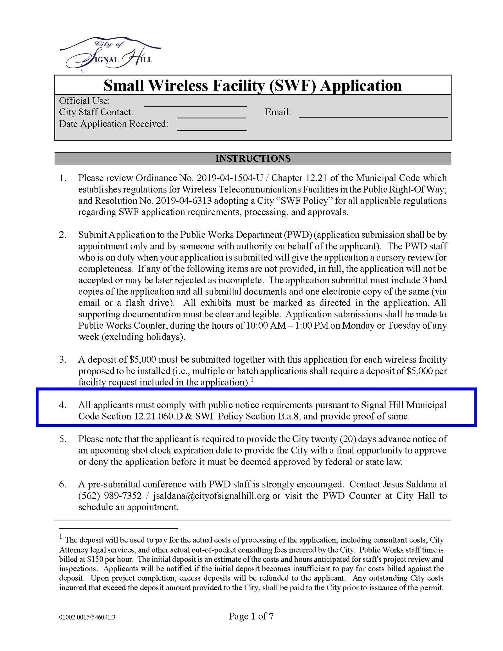 Official City of Signal Hill SWF application form outlining submission requirements and public notice compliance procedures.
