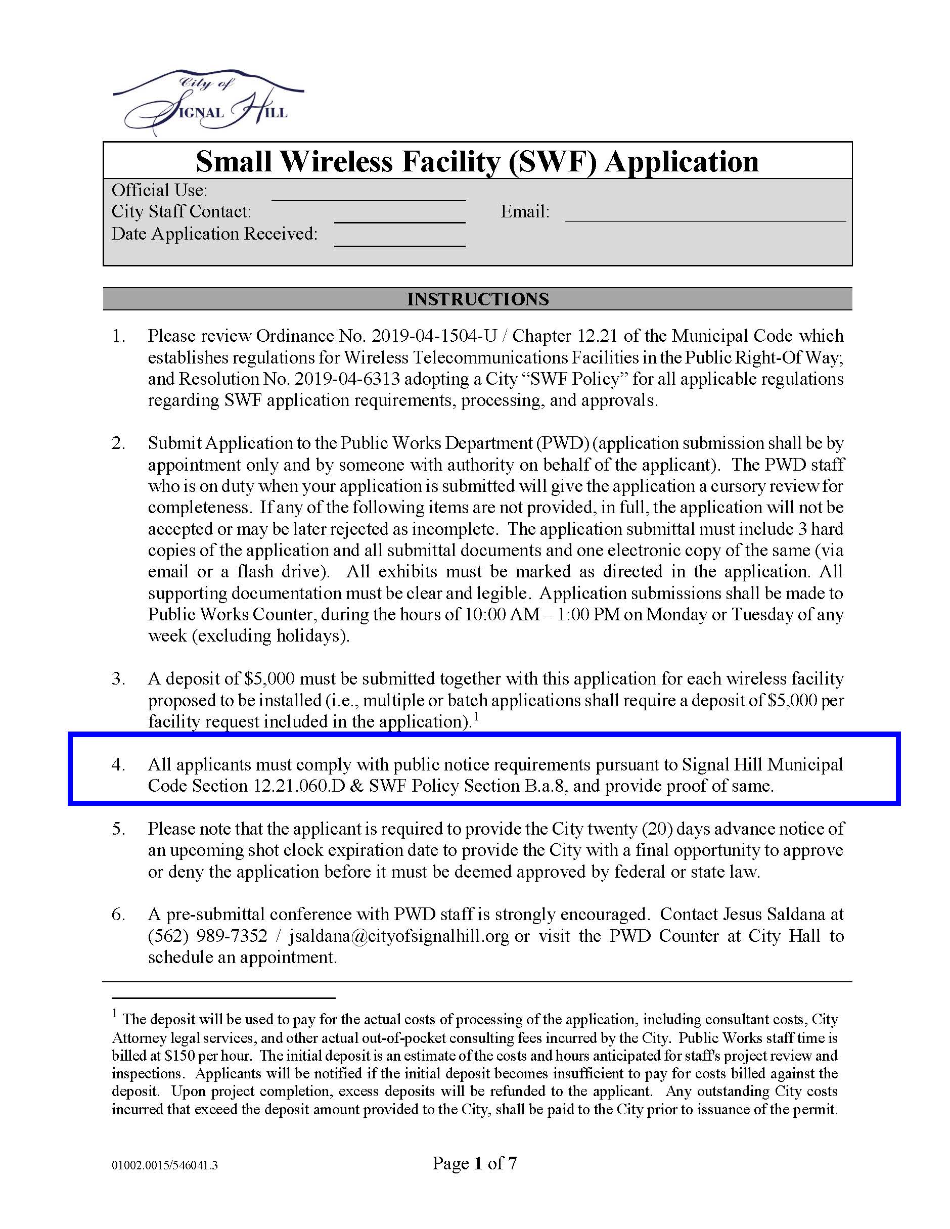 Official City of Signal Hill SWF application form outlining submission requirements and public notice compliance procedures.