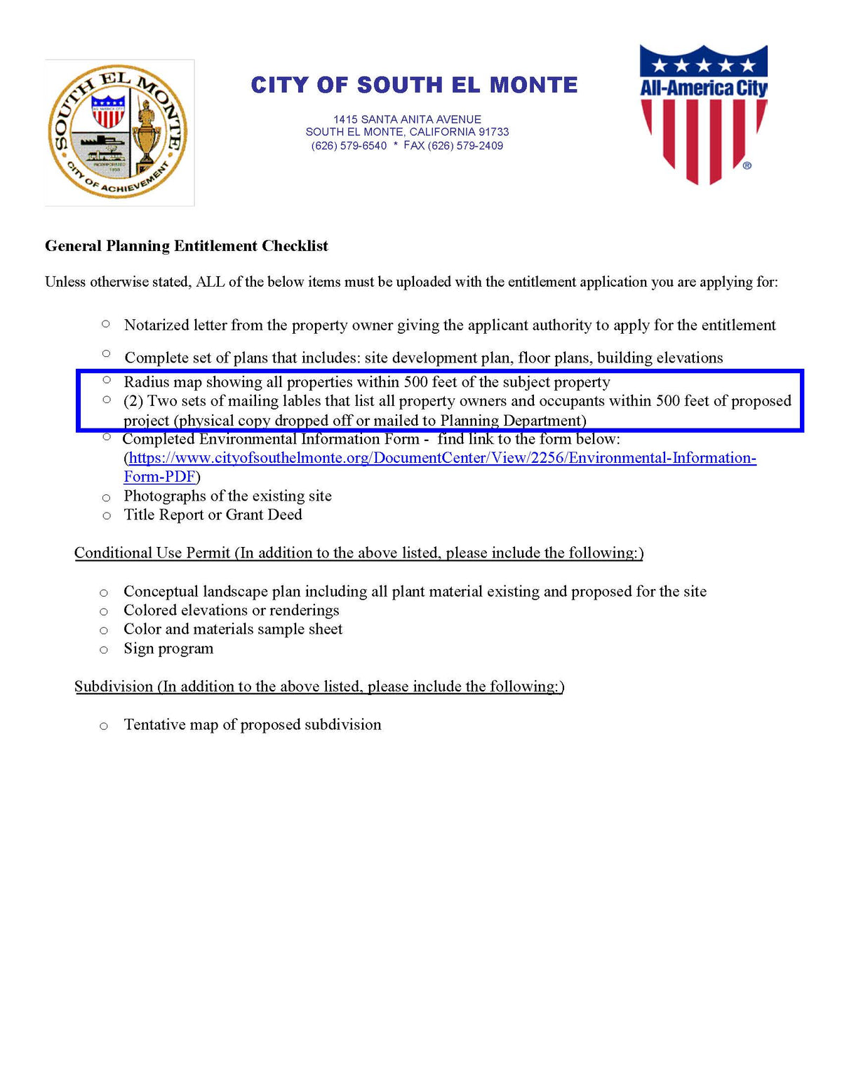 Checklist outlining requirements for radius maps, mailing labels, and supporting documents for planning entitlement applications in South El Monte.