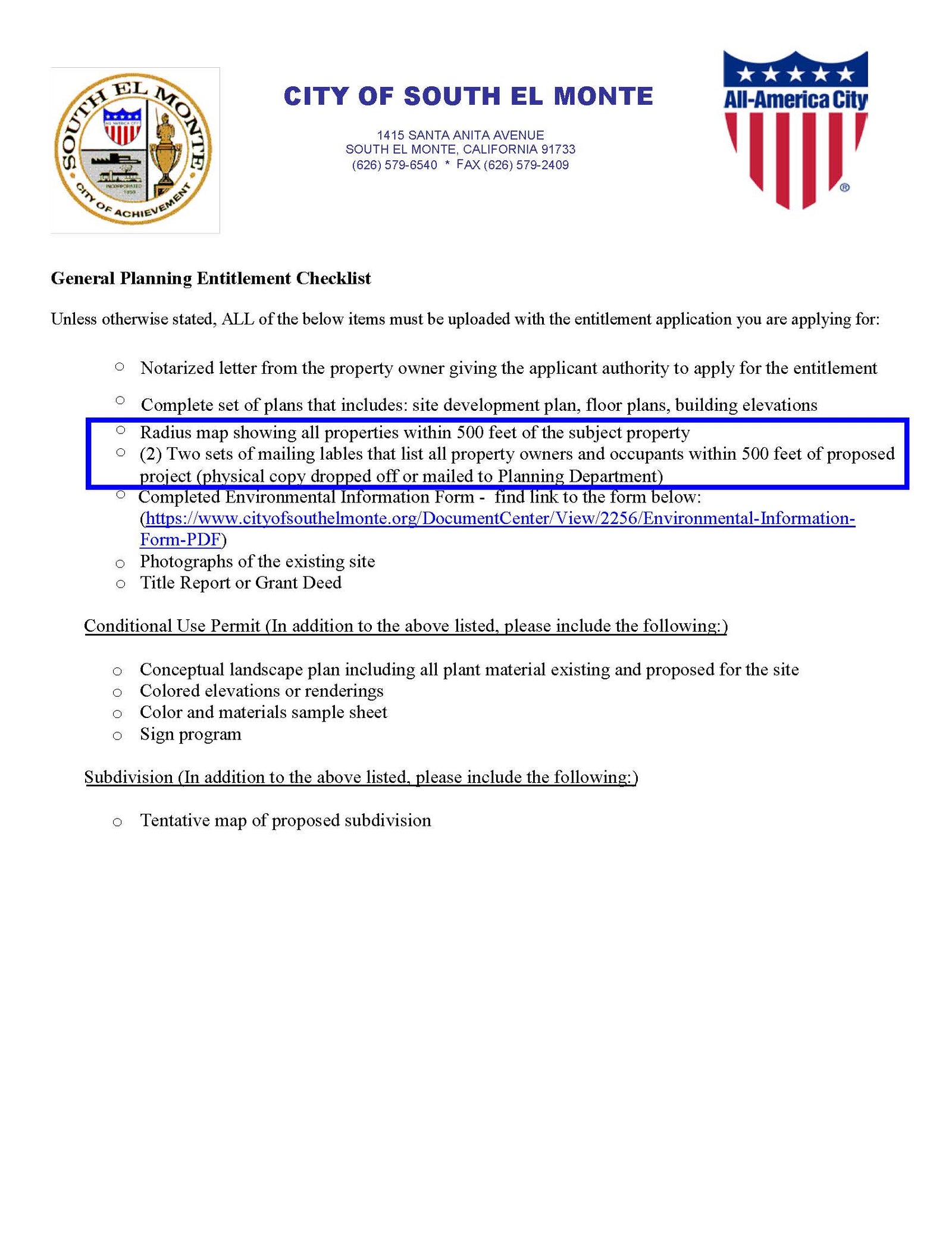 Checklist outlining requirements for radius maps, mailing labels, and supporting documents for planning entitlement applications in South El Monte.