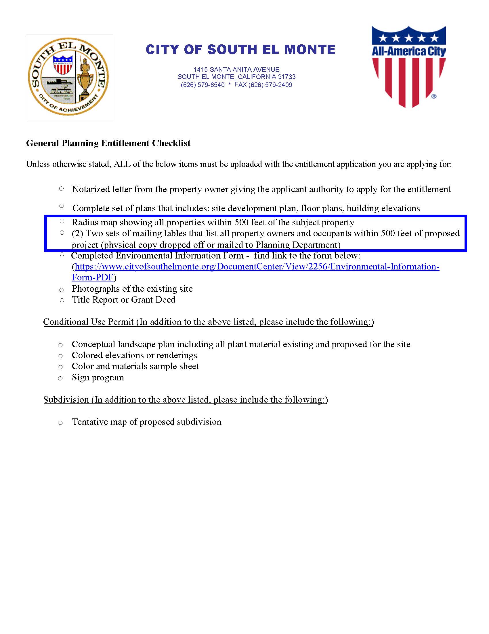 Checklist outlining requirements for radius maps, mailing labels, and supporting documents for planning entitlement applications in South El Monte.