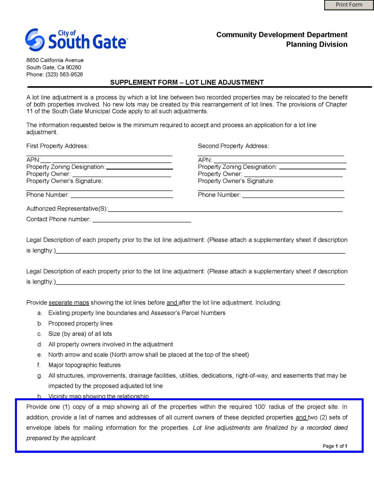 Lot Line Adjustment application form requiring a 100′ radius map, property owner list, and two sets of mailing labels.