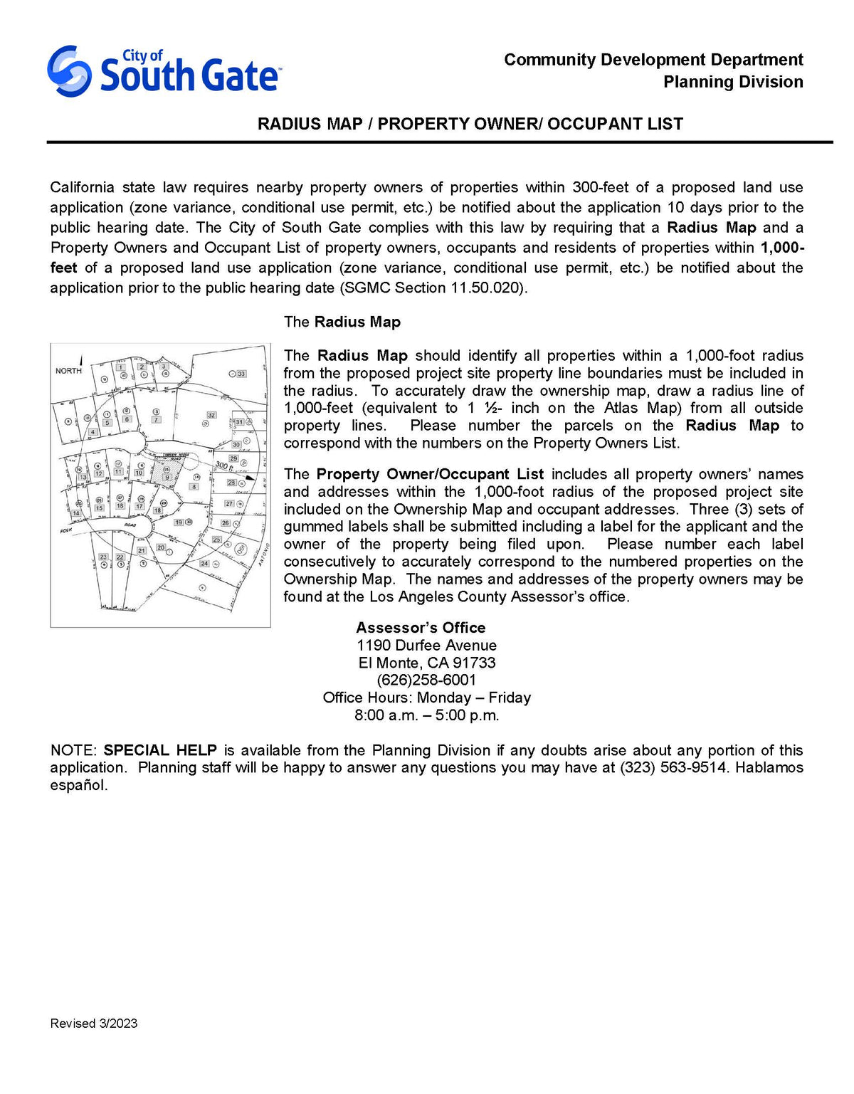 Official City of South Gate instructions outlining 300′–1,000′ radius map, ownership list, and mailing label requirements for land use applications.