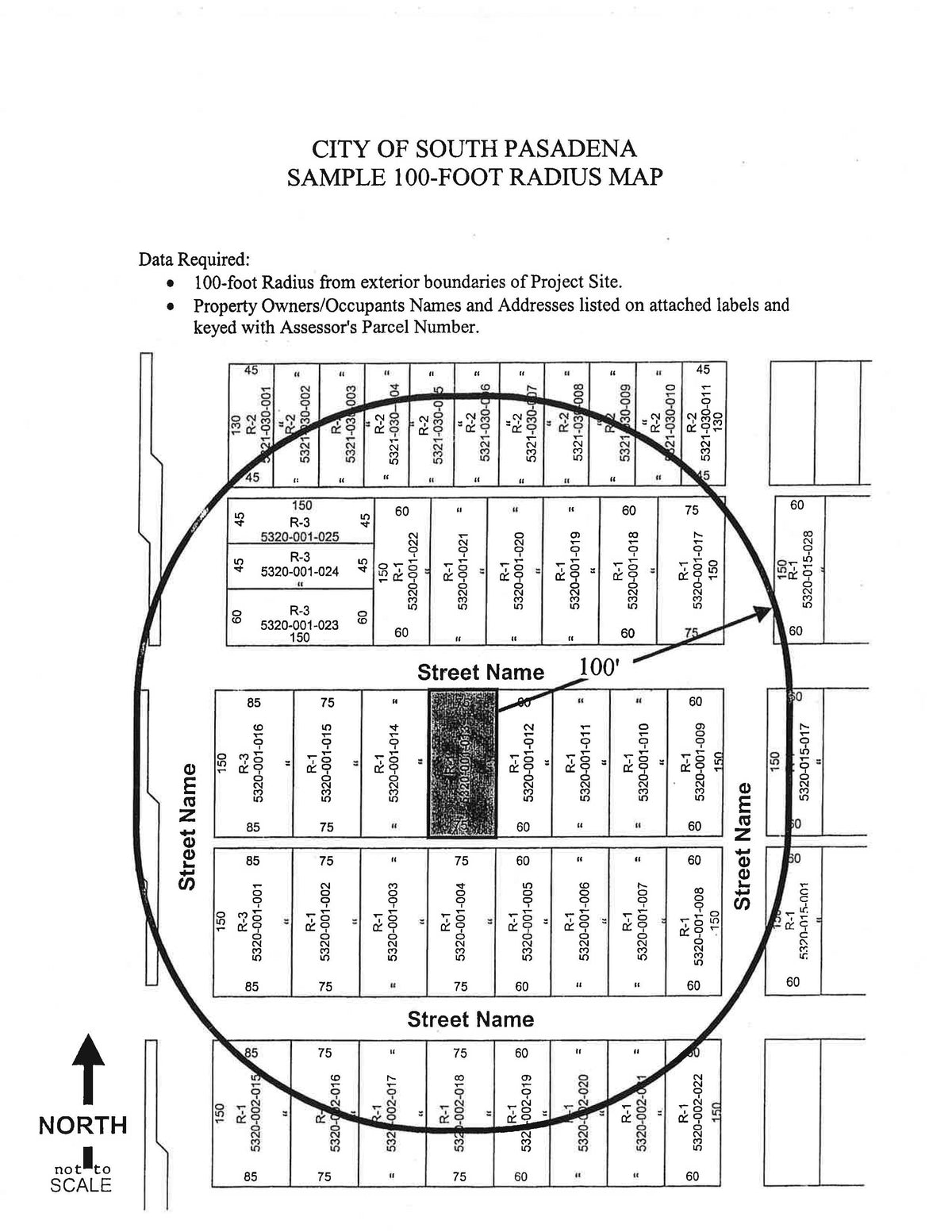 South Pasadena 100 foot radius map sample with numbered parcels and APNs