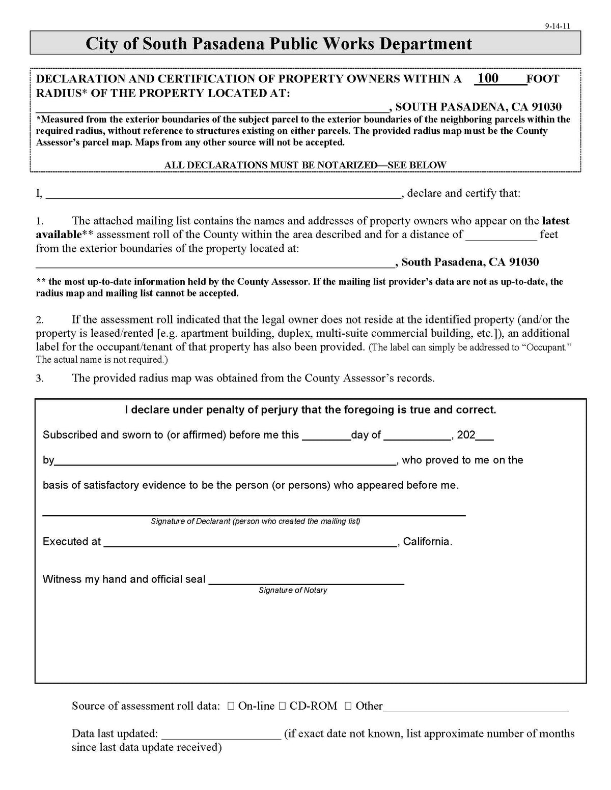 South Pasadena Declaration and Certification of Property Owners Affidavit 100 Foot